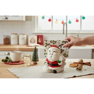 Vintage Ceramic Santa Claus Napkin Holder Christmas Kitsch Lego Foil Label